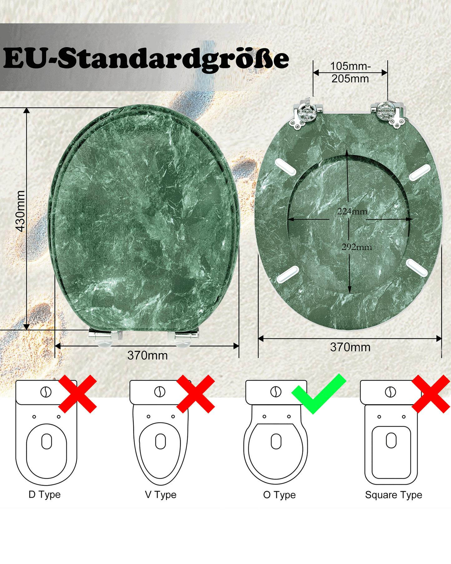 SINOBATH (S07) mit Absenkautomatik, Softclose-Scharnier,MDF-Holzkern, WC-Sitz Toilettensitz （grüner Marmor）